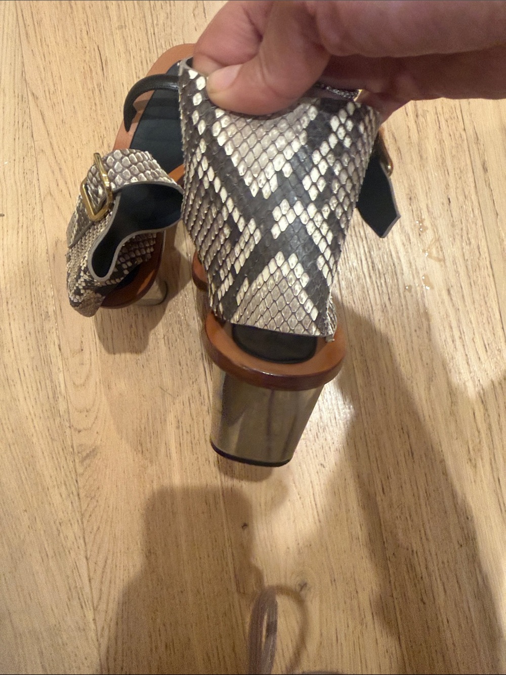 Celine Black & Taupe Snake-Embossed Ankle-Strap Sandals - Picture 2 of 3